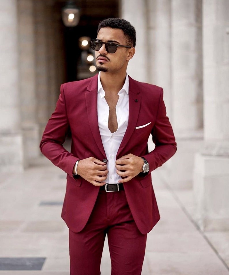 Men Suits Maroon 2 Piece Wedding Groom Wear One Button Body Fit Suits, Mens Wedding Suit. image 1