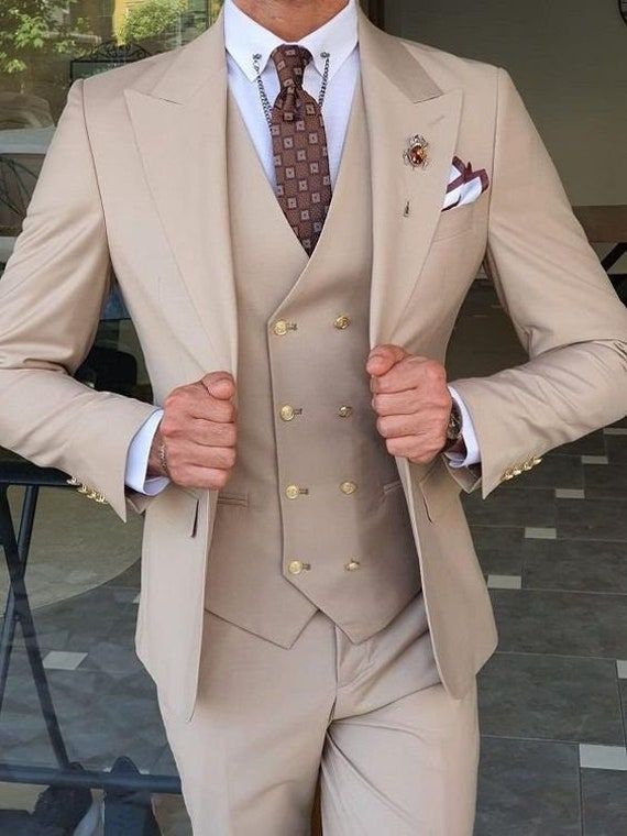 Beige Linen-cotton Three piece Suit with a pocket square