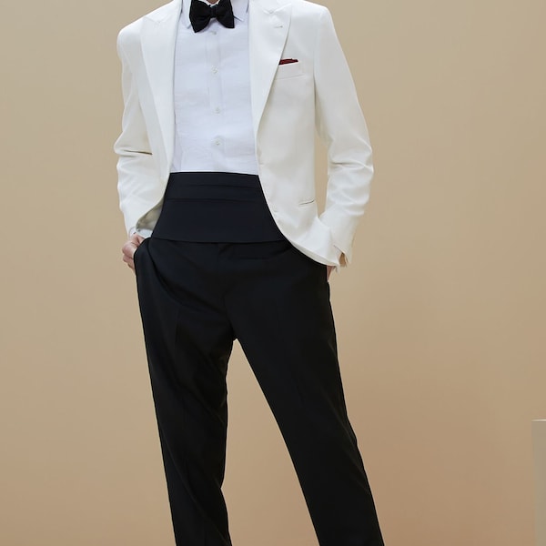Men's White & Black Tuxedos With Belt, 2 Piece Suit Tuxedo Formal Fashion Style Suits Wedding Party Suits Elegant Suits Formal Fashion Suit.
