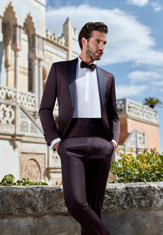 Men's Wine Tuxedos With Belt, 2 Piece Suit Tuxedo Formal Fashion