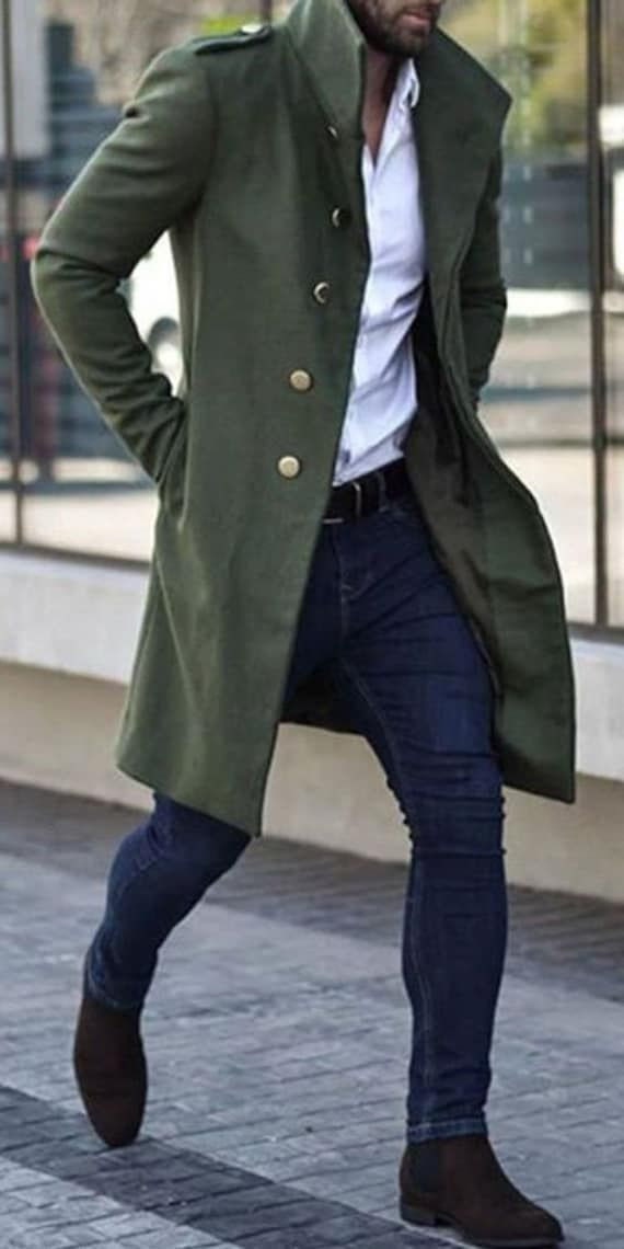 Men Green Tweed Overcoat Vintage Long Trench Coat Men New Jacket Coats ...