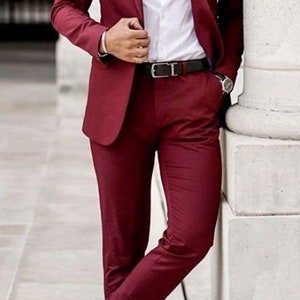 Men Suits Maroon 2 Piece Wedding Groom Wear One Button Body Fit Suits, Mens Wedding Suit. image 2