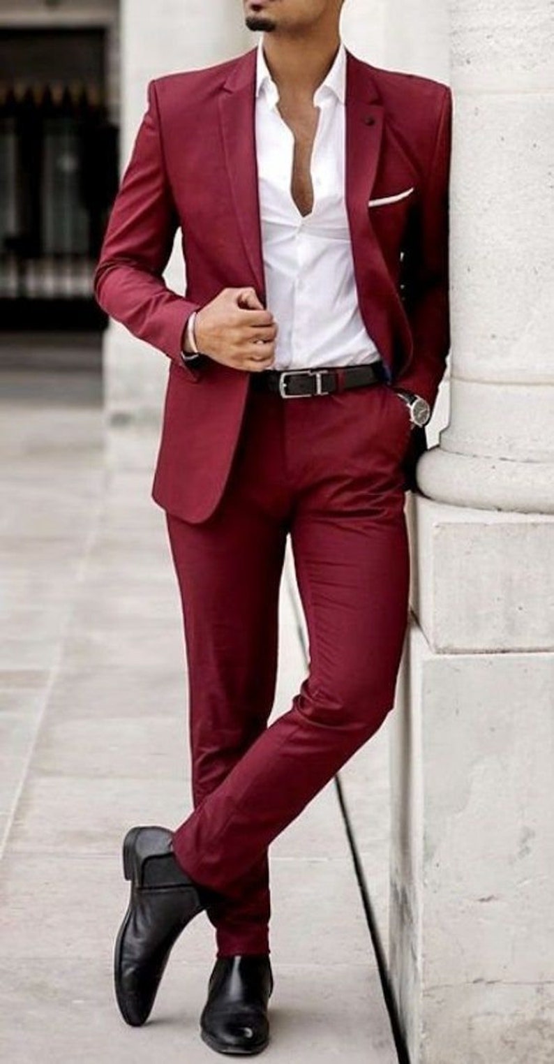 Men Suits Maroon 2 Piece Wedding Groom Wear One Button Body Fit Suits, Mens Wedding Suit. image 2