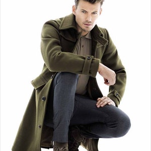 Men Trench Coat Dark Green Double Breasted Style Party Wear Winter Wool ...