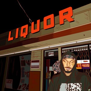 May include: A person wearing a black hooded sweatshirt with a bandana and a red and white graphic print stands in front of a liquor store with a red sign that says "LIQUOR".