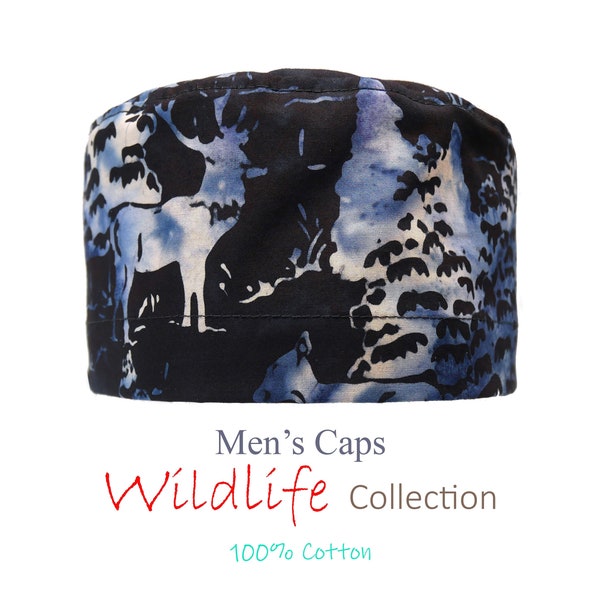 100% Cotton Men's Surgical/Dental/Anesthesiologist Scrub Cap with Tie Back, Medical Scrub Cap, w/ or W/o Sweatband, Wildlife Collection