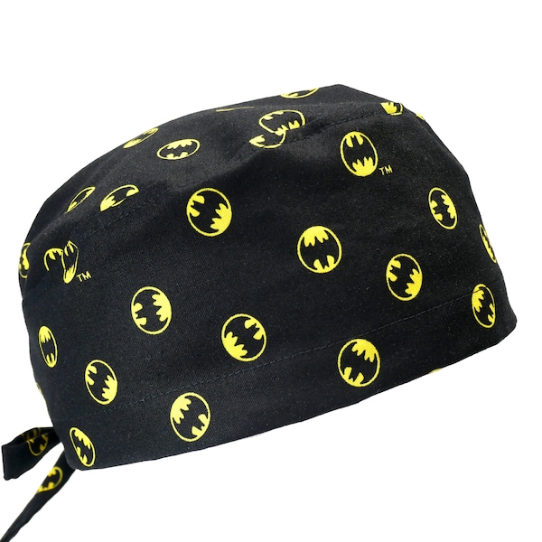 100% Cotton Men's Surgical/Dental Scrub Cap with Tie Back, Breathable Medical Scrub Cap, w/ or w/o Sweatband, DC Comics Batman Black