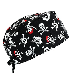 Men&#39;s Cotton Tie Back Scrub Cap: Pirate Skulls, Optional Sweatband