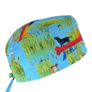 100% Cotton Men&#39;s Surgical/Dental/Anesthesiologist Scrub Cap with Tie Back,w/ or w/o Sweatband, Dogs in Canoes Dockside by Barb Tourtillote