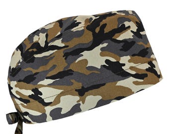 Camouflage grijsbruin, katoenen scrubmuts voor heren met gestrikte achterkant, optionele zweetband