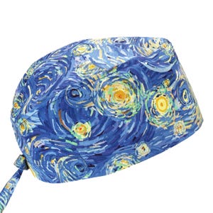100% Cotton Men&#39;s Surgical/Dental/Anesthesiologist Breathable Scrub Cap with Tie Back, w/ or w/o Sweatband, Starry Night Van Gogh