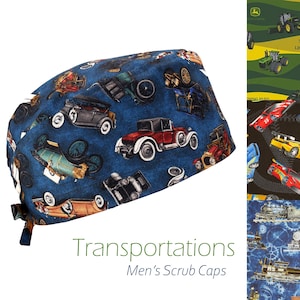 May include: A blue scrub cap featuring a repeating pattern of vintage automobiles in various colors including red, black, and orange. The fabric has a textured appearance with multiple classic car designs scattered across the surface of the headwear.