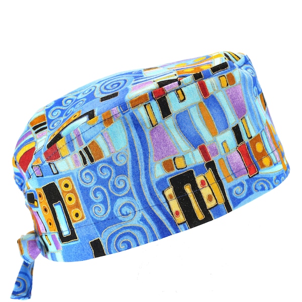 100% Cotton Men's Surgical/Dental Scrub Cap with Tie Back, Medical Scrub Cap, w/ or w/o Sweatband, Artistic Blue inspired by Hundertwasser