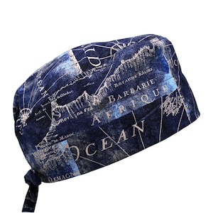 100% katoenen chirurgische/tandheelkundige/anesthesist ademende scrubmuts voor heren met striksluiting, met of zonder zweetband, marineblauwe nautische oude kaart blauw