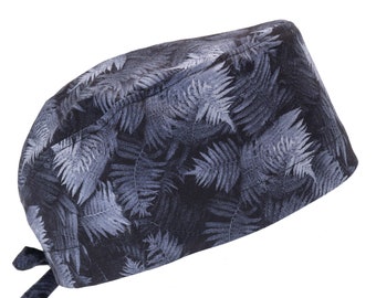 Touca cirúrgica masculina Black Silver Fern em algodão com amarração na parte de trás e faixa de transpiração opcional.