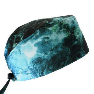100% Cotton Men&#39;s Surgical/Dental/Anesthesiologist Scrub Cap with Tie Back, w/ or w/o Sweatband, Teal Green Blue Marbled Lightening