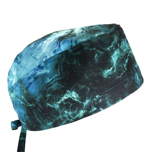 Teal Green Blue Marbled Lightning, Men's Cotton Scrub Cap with Tie Back, Optional Sweatband
