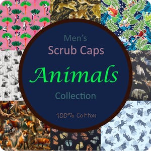 Fun Animal Collection, Men's Cotton Scrub Cap with Tie Back, Optional Sweatband
