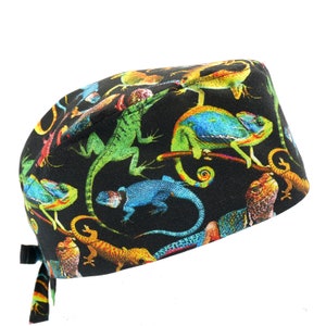 Reptiles Geckos Chameleons Lizards, Men's Cotton Scrub Cap with Tie Back, Optional Sweatband