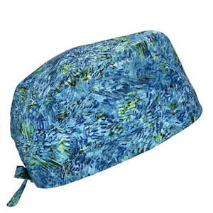 Gorro quirúrgico de algodón para hombre: Estampado de pinceladas de lago, cierre con cordón ajustable, banda para el sudor opcional.