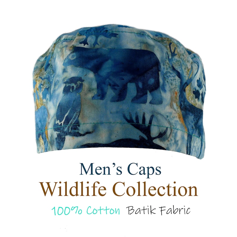 Batik 100% Cotton Men's Surgical\/Dental Scrub Cap with Tie Back, Breathable Medical Scrub Cap, Wildlife Batik Fabric Collection