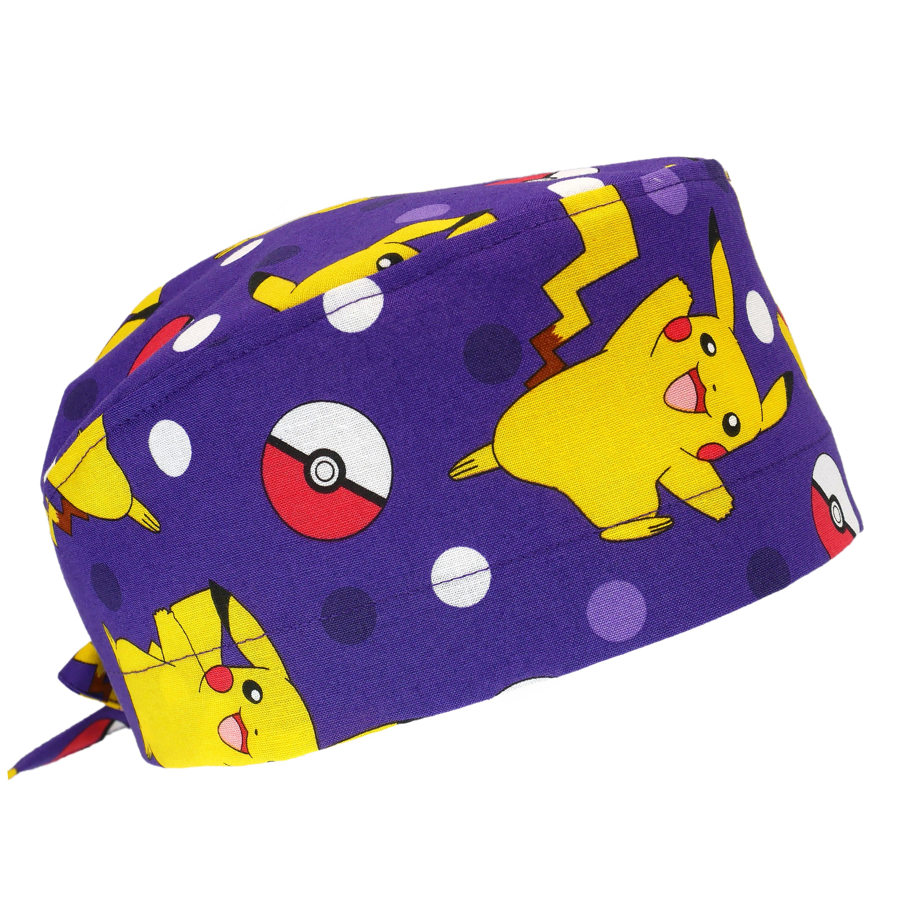 Men's Cotton Surgical/Dental/Anesthesiologist Breathable Scrub Cap with Tie Back, w/ or w/o Sweatband, Pokémon Pikachu Purple