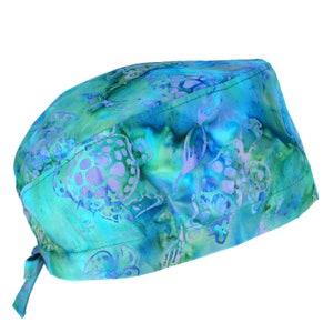 100% Batik Cotton Men&#39;s Surgical/Dental/Anesthesiologist Breathable Scrub Cap with Tie Back, w/ or w/o Sweatband, Turtles in Neon Sea