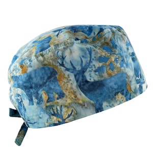 100% Batik Cotton Men&#39;s Surgical/Dental/Anesthesiologist Breathable Scrub Cap with Tie Back, Wildlife Animals, Deer Bear