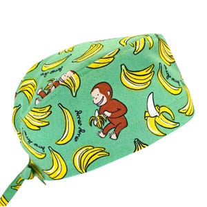 Gorro quirúrgico transpirable 100 % algodón para hombre, para uso quirúrgico, dental y anestesiólogo, con lazo en la espalda, con o sin banda para el sudor, Curious George