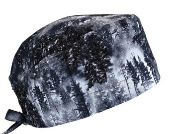 Gorro quirúrgico de algodón para hombre, color negro y gris, modelo Woodland Forest II, con lazo en la espalda y banda para el sudor opcional.