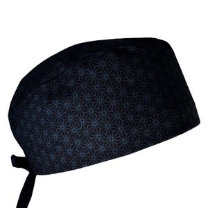 Kimono Cotton, Geometric Midnight, Dark Blue Stars on Black, Men's Scrub Cap with Tie Back, Optional Sweatband