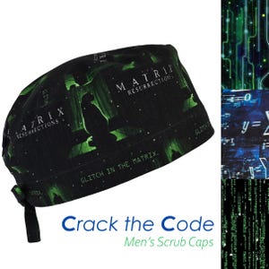 Colección Crack the Code, gorro quirúrgico de algodón para hombre con lazo en la espalda y banda para el sudor opcional, Glitch in the Matrix