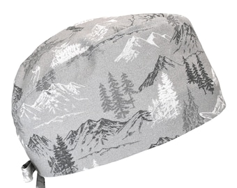 Aspen Mountains Gray, Men's Cotton Scrub Cap with Tie Back, Optional Sweatband