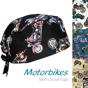 Motorbikes Collection, Men's Cotton Scrub Cap with Tie Back, Optional Sweatband