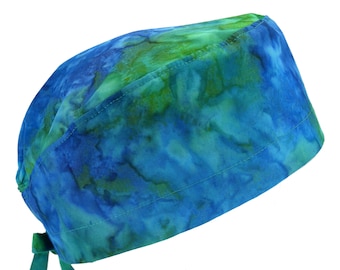 Batikkatoen, wildblauwgroen, scrubmuts heren met striksluiting, optionele zweetband