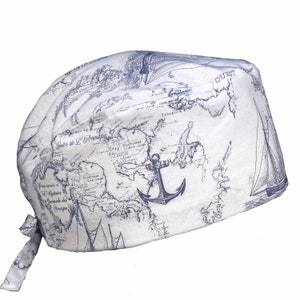 Atmungsaktive Scrub-Kappe aus 100% Baumwolle für Chirurgen / Zahnärzte / Anästhesiologen mit Schnürrücken, mit oder ohne Schweißband, Navy Nautical Old Map