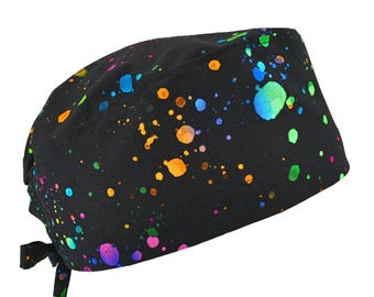 Splatter Midnight II, katoenen scrubmuts voor heren met gestrikte achterkant, optionele zweetband