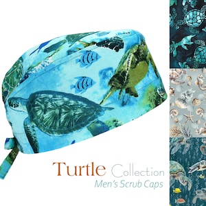Sea Turtles in Ocean Collection, Men's Cotton Scrub Cap with Tie Back, Optional Sweatband