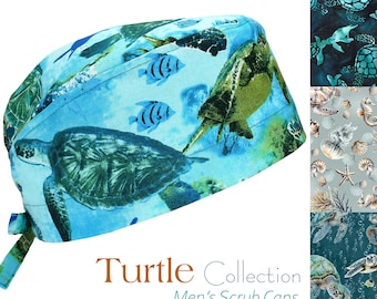 Sea Turtles in Ocean Collection, Men's Cotton Scrub Cap with Tie Back, Optional Sweatband