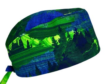 Nature's Pace in Green & Blue, Abstract Forest, Men's Cotton Scrub Cap with Tie Back, Optional Sweatband