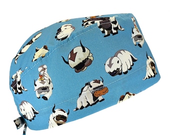 Men&#39;s Cotton Scrub Cap: Appa Avatar Print - Tie Back, Optional Sweatband