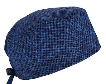 Indigo Mingle Woven, Blue Men's Cotton Scrub Cap with Tie Back, Optional Sweatband