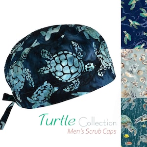 Sea Turtles in Ocean Collection, Men's Cotton Scrub Cap with Tie Back, Optional Sweatband