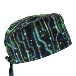 May include: A black scrub cap with a green and blue circuit board pattern.