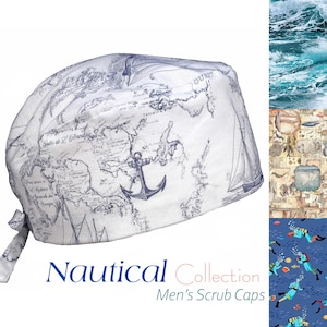 Nautical Collection, katoenen scrubmuts voor heren met gestrikte achterkant, optionele zweetband