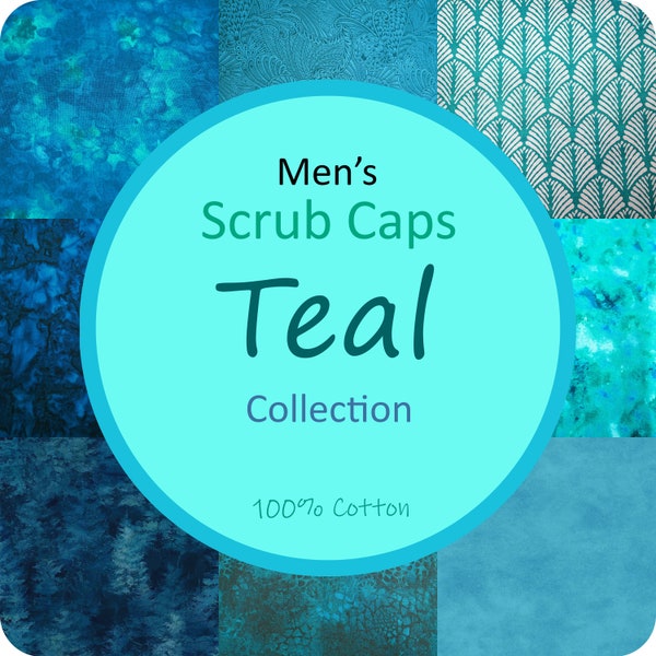 100% Cotton Men's Surgical/Dental/Anesthesiologist Scrub Cap with Tie Back, Medical Scrub Cap, w/ or W/o Sweatband, Teal Collection