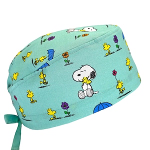Gorro quirúrgico transpirable 100 % algodón para hombre, para uso quirúrgico, dental y anestesiólogo, con lazo en la espalda, con o sin banda para el sudor, color verde azulado primaveral. Snoopy.