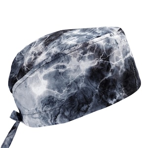 Black Gray Marbled Lightening, Men's Cotton Scrub Cap with Tie Back, Optional Sweatband
