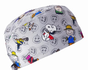 Men's Cotton Tie Back Scrub Cap: Halloween Snoop.y Print, Optional Sweatband