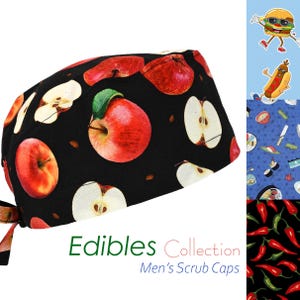 Colección Edibles, gorro quirúrgico de algodón para hombre con lazo en la espalda y banda para el sudor opcional, chile rojo, sushi, manzana, limón, pizza, barbacoa y café.